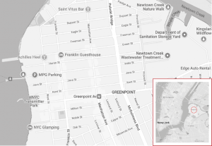 Mapa przedstawiająca główne ulice dzielnicy Greenpoint w Nowym Jorku.