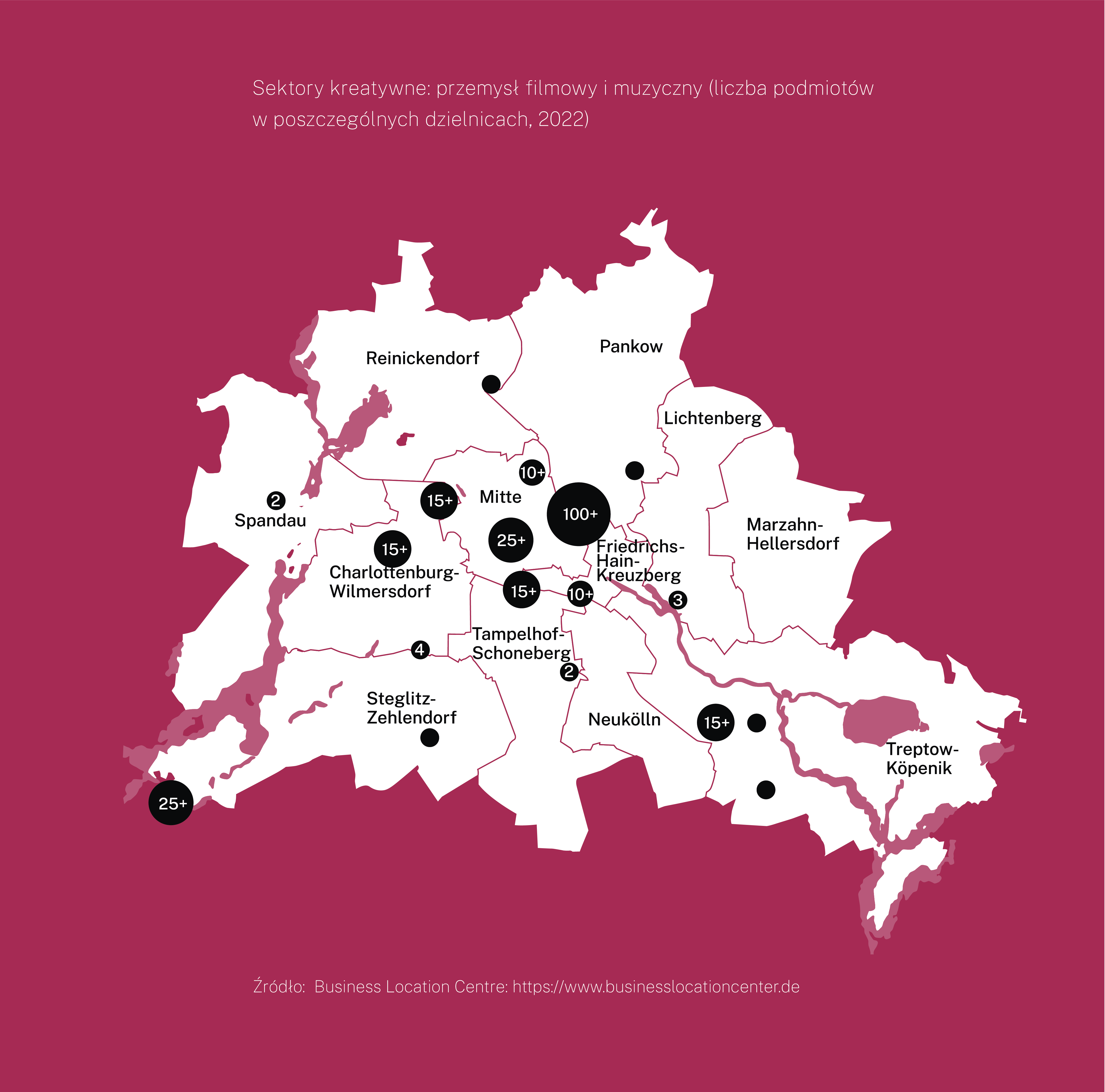 Mapa Berlina z podziałem na dzielnice. Na mapie zaznaczono liczbę firm związanych z przemysłem filmowym i muzycznym w roku 2022. Najwięcej podmiotów w dzielnicy Mitte - ponad 100. 