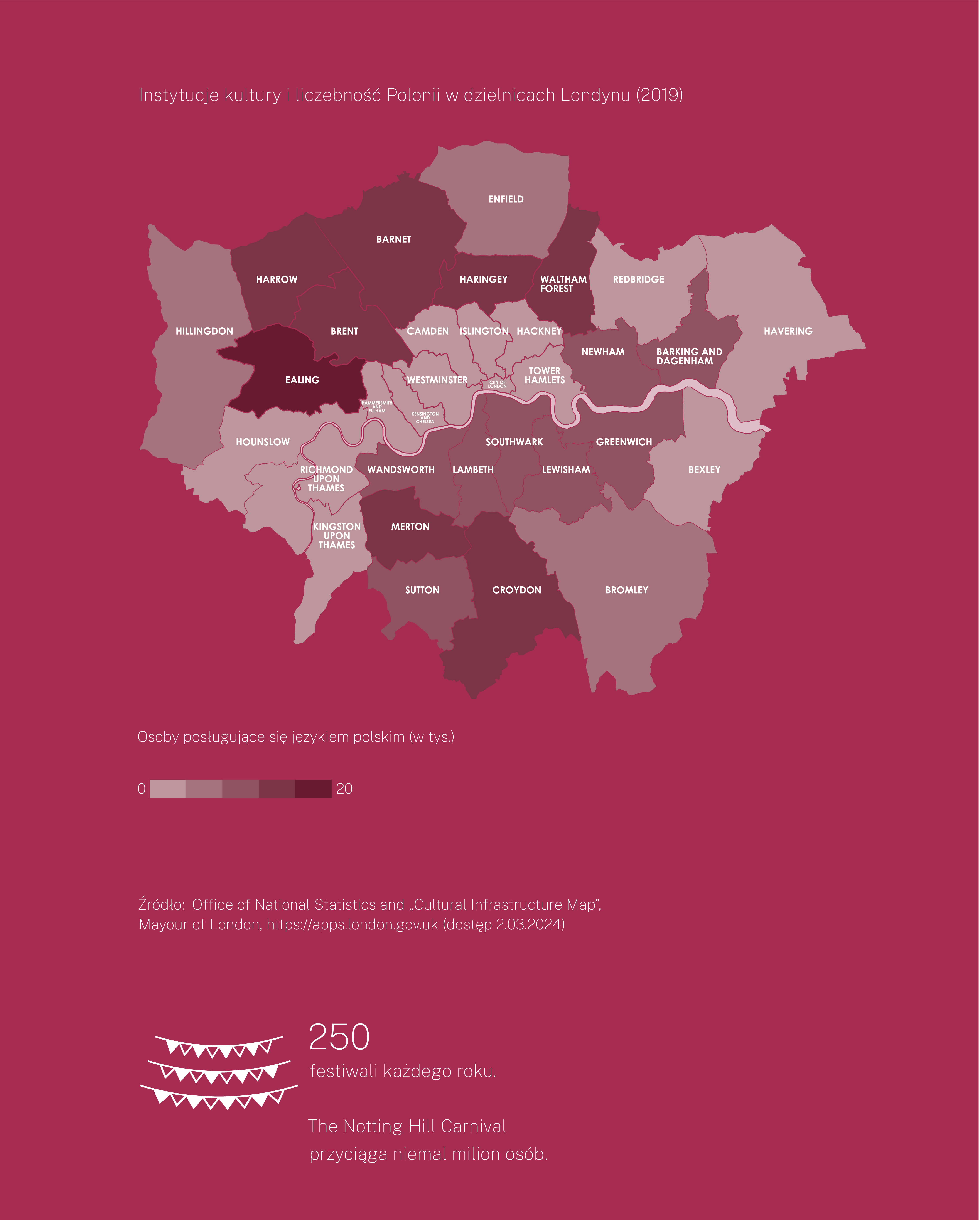 Mapa Londynu z podziałem na dzielnice. Mapa ilustruje liczebność Polonii w poszczególnych dzielnicach. Najwięcej Polaków zamieszkuje dzielnicę Ealing